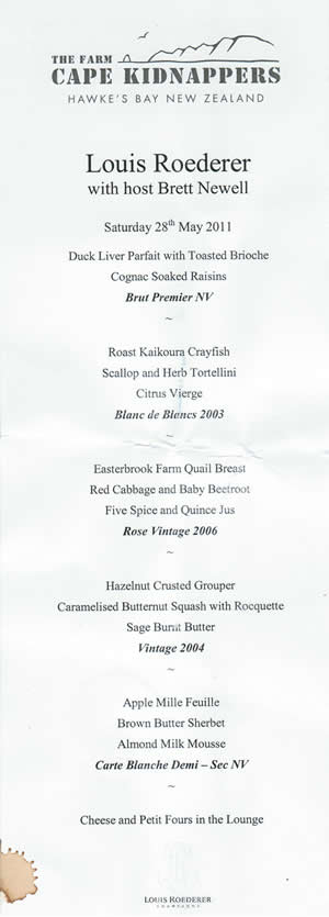 Louis Roederer Champagne Dinner menu at Cape Kidnappers