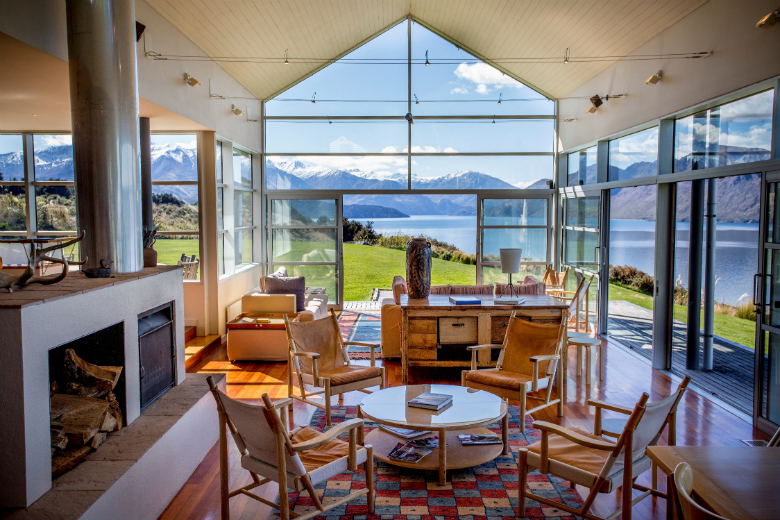 Whare Kea Lodge Lounge area with views over Lake Wanaka towards the Southern Alps
