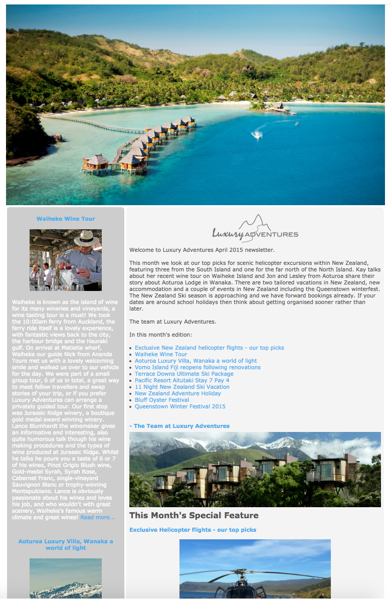 Luxury Adventures April 2015 newsletter