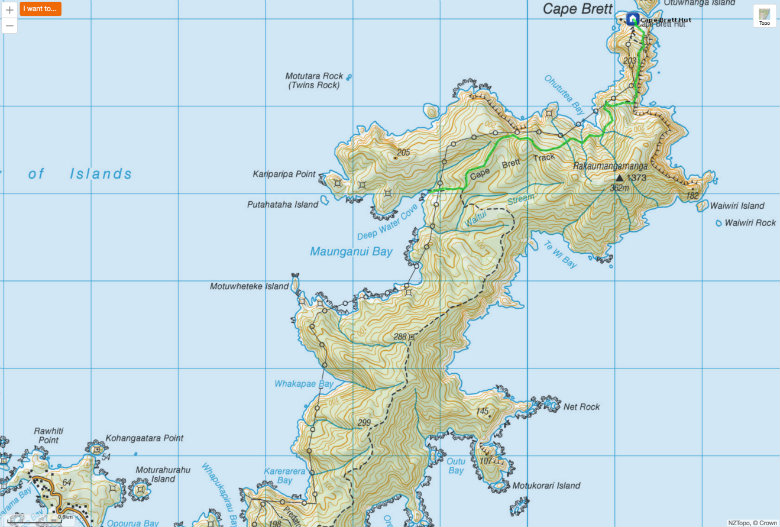 Topographical map of the Cape Brett Pensilar and track.
