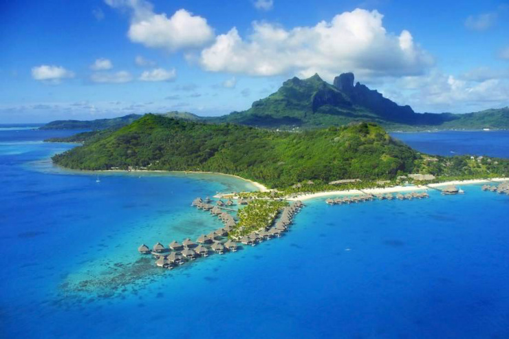 A perfect example of Bora Bora's mountainous islands and overwater bungalows