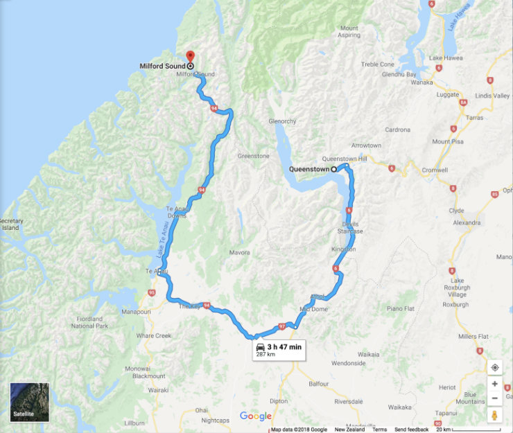 Google map of Queenstown to Milford Sound via vehicle